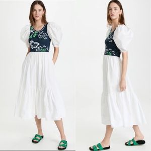 🤍💚NWT Tanya Taylor Naomi dress in white cotton poplin with knit bodice,size S.